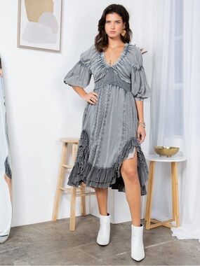 Young Threads Boho Dress Small Gray Embroidered Smocked Peasant Midi NWT